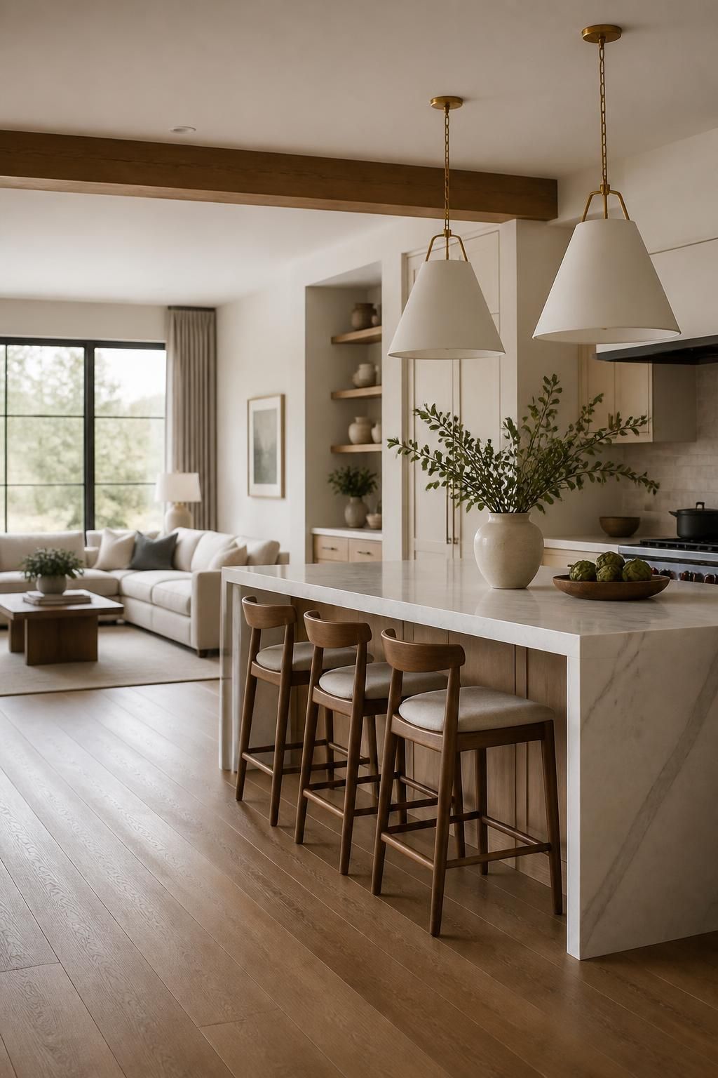 Finished modern kitchen and living space with quality craftsmanship.