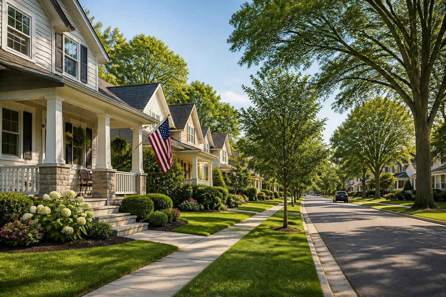 Tree-lined suburban neighborhood with well-kept homes.