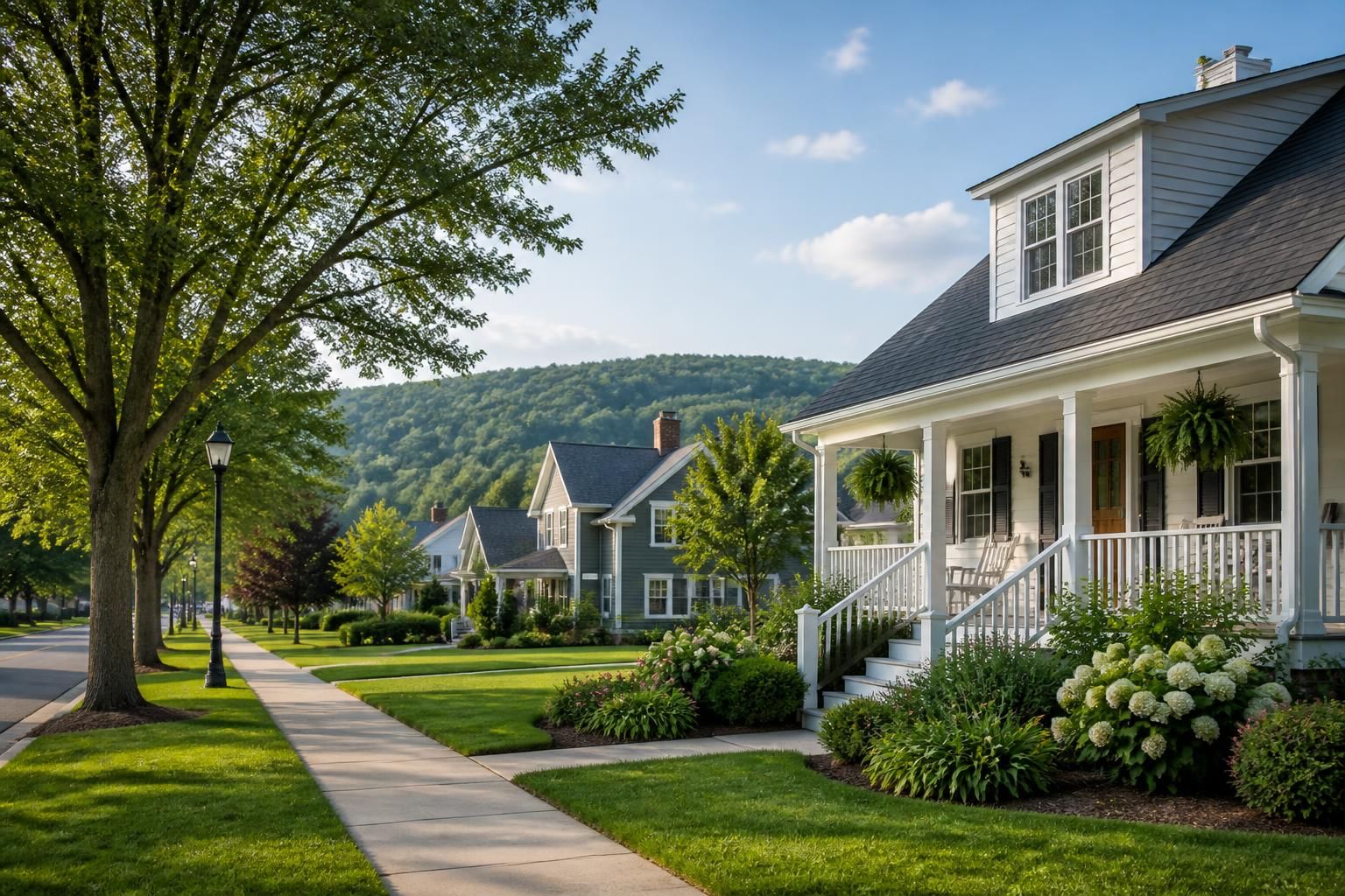 Small-town residential scene with tidy homes and open space.
