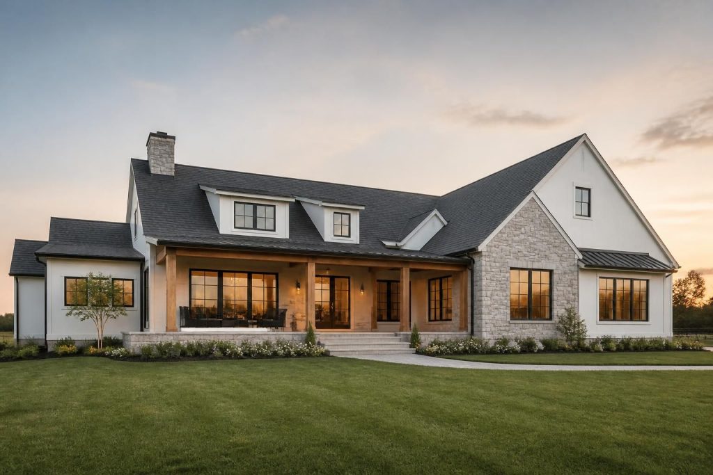Newly completed modern home exterior in warm natural light.