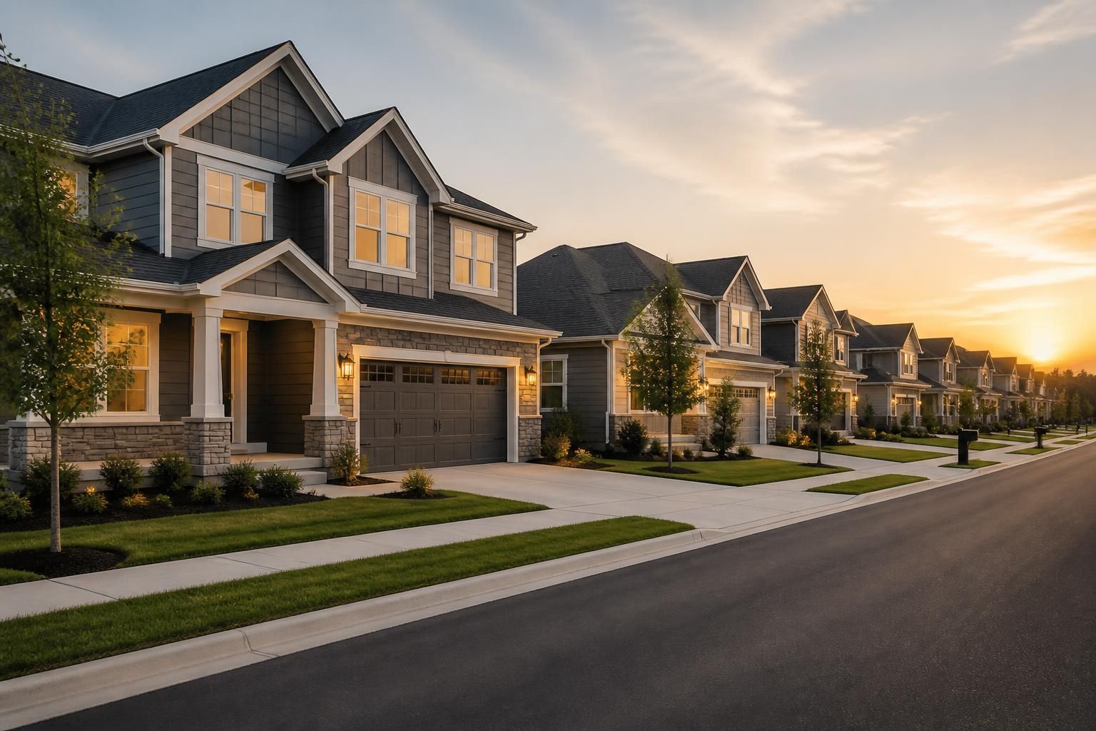 Welcoming suburban neighborhood with new homes and clean streets.