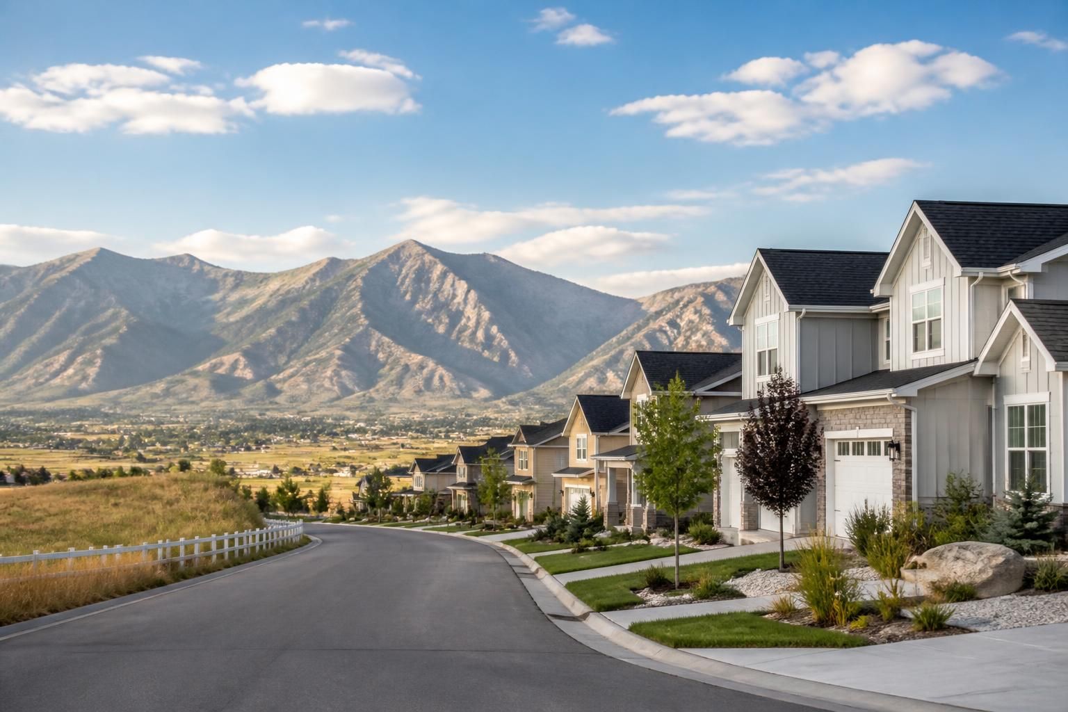 Quiet rural-edge neighborhood with new homes and natural scenery.