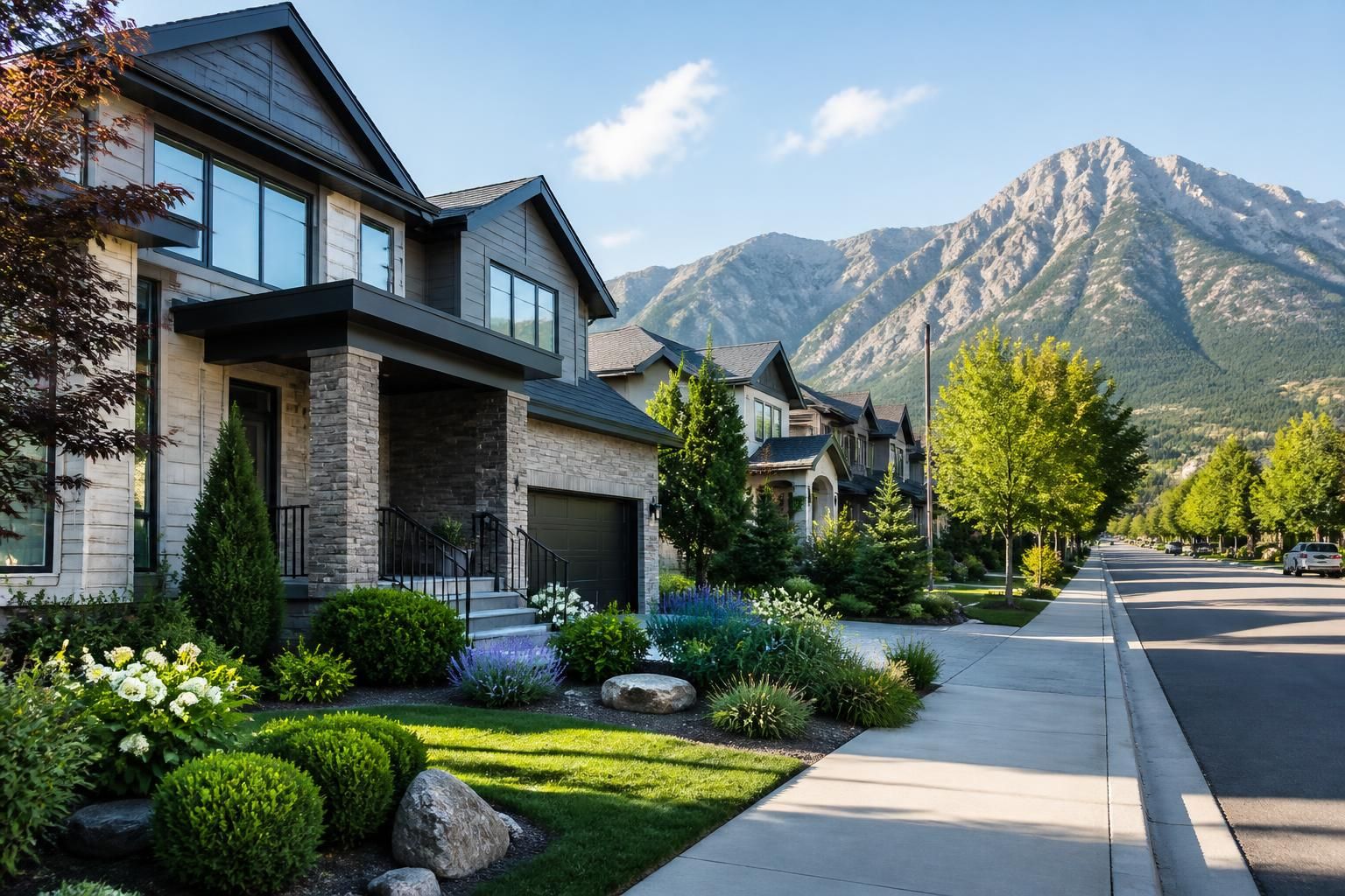 Suburban streetscape with modern homes and mountain light.