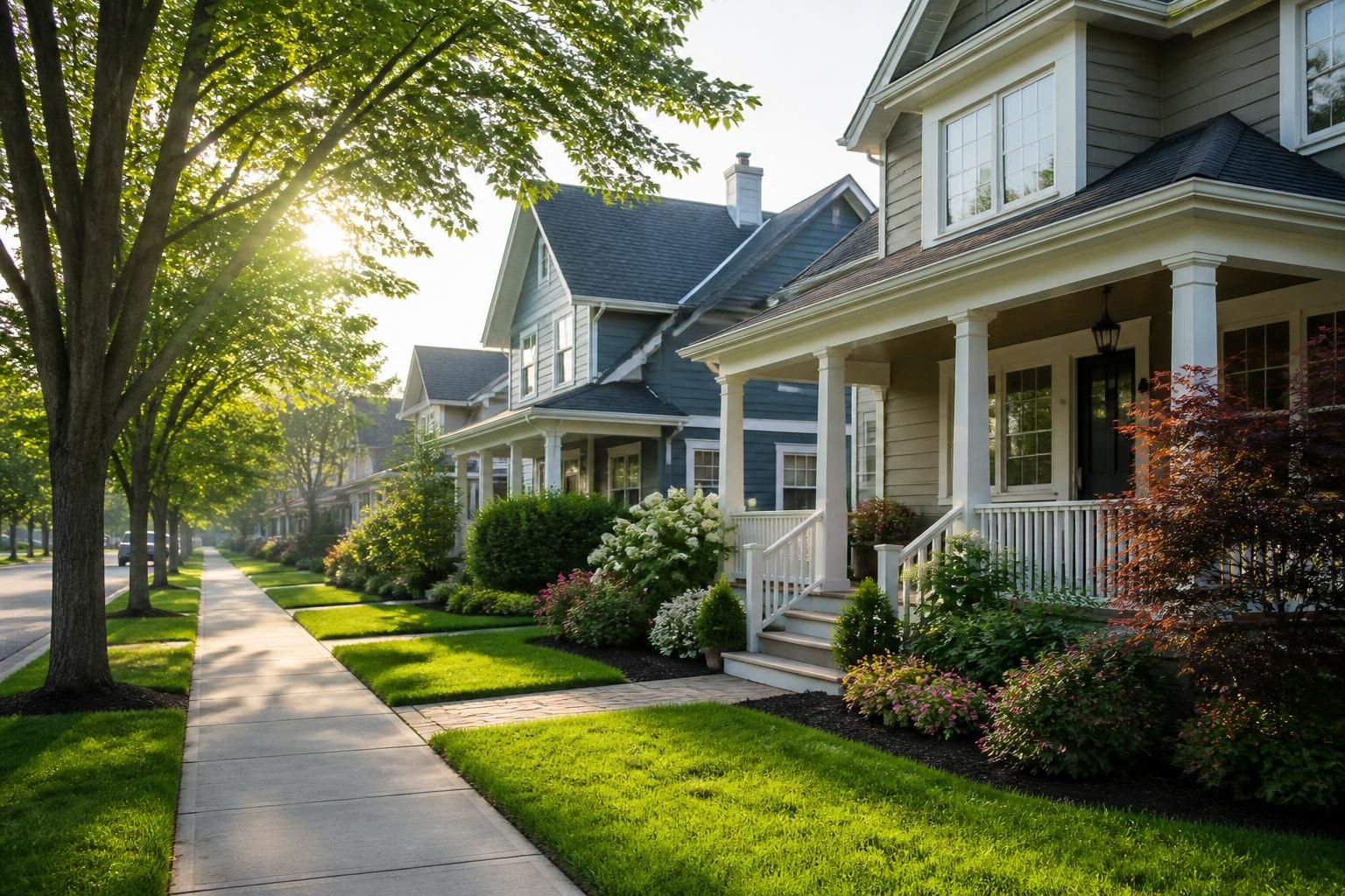 Suburban neighborhood with established homes and clean sidewalks.