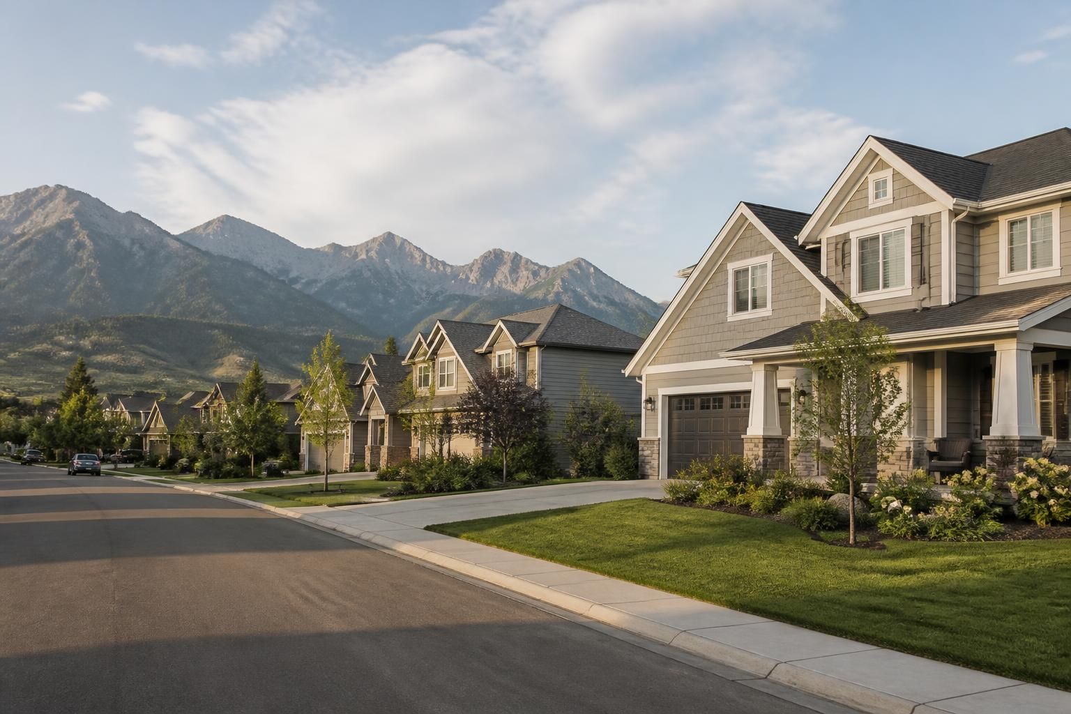 Residential neighborhood with mountain views and tidy homes.