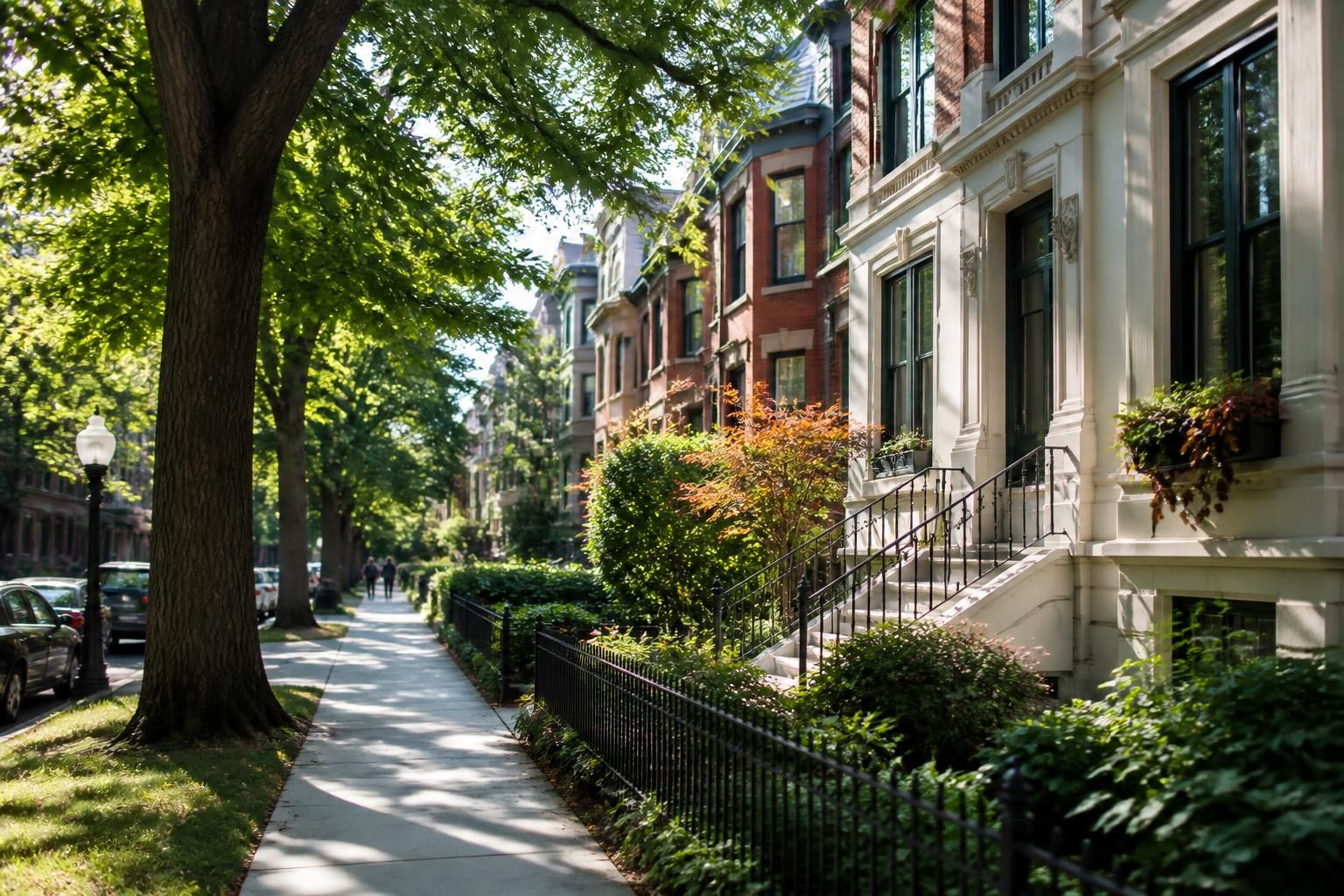 City neighborhood with mature trees and attractive homes.
