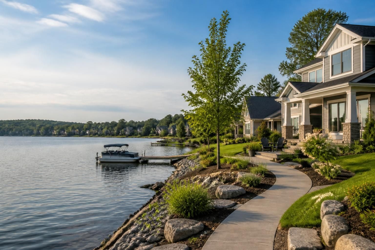 Welcoming lakeside neighborhood with modern homes and open sky.
